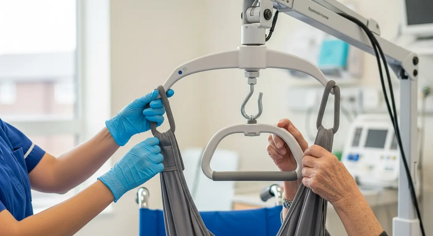Support worker performing safe mobility transfer using hoist for participant with spinal cord injury in accessible home.