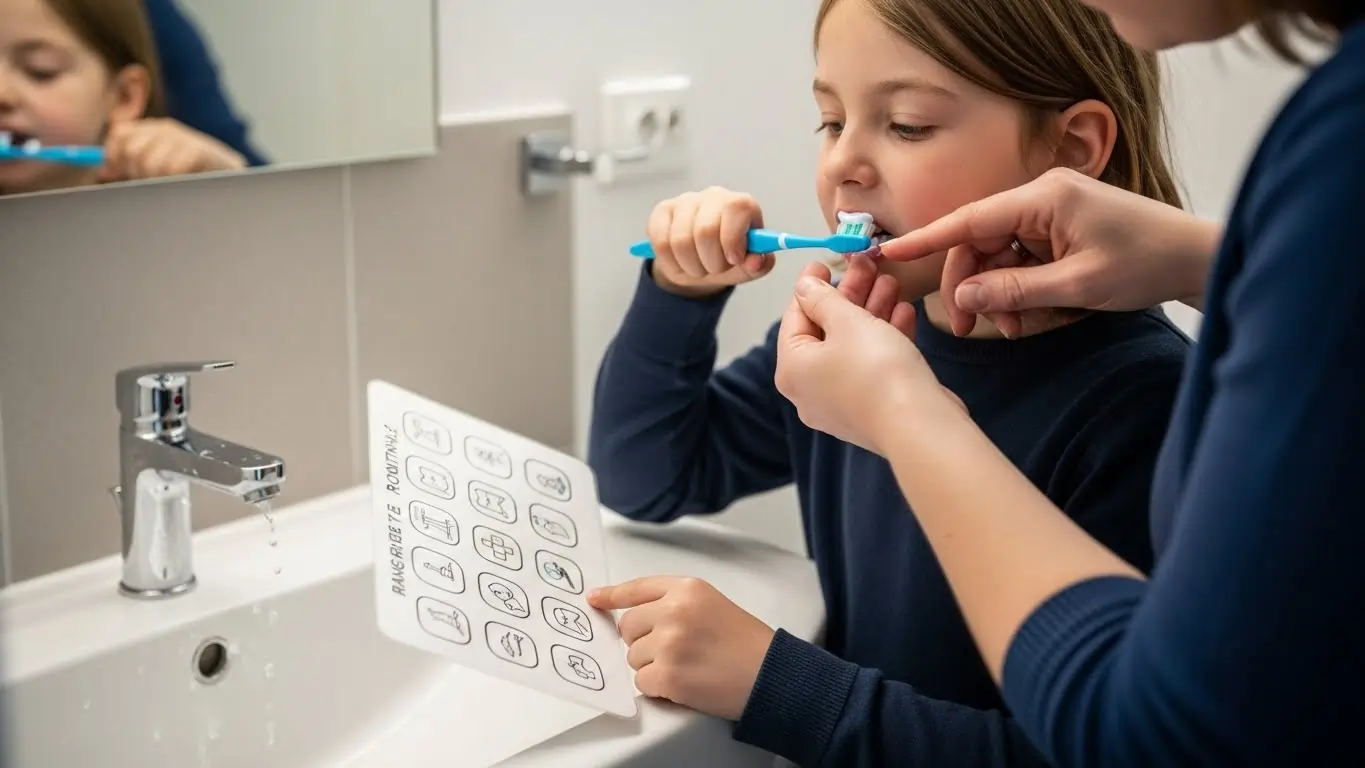 Support worker guiding a child with Global Developmental Delay through daily personal care tasks under NDIS support. Support worker guiding a child with Global Developmental Delay through daily personal care tasks under NDIS support.
