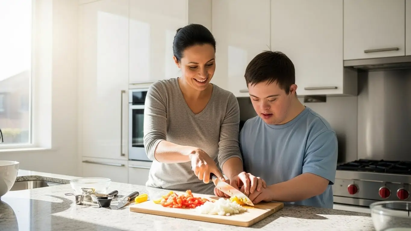 Support worker helping participant with meal preparation and daily living tasks under NDIS support plan Support worker helping participant with meal preparation and daily living tasks under NDIS support plan