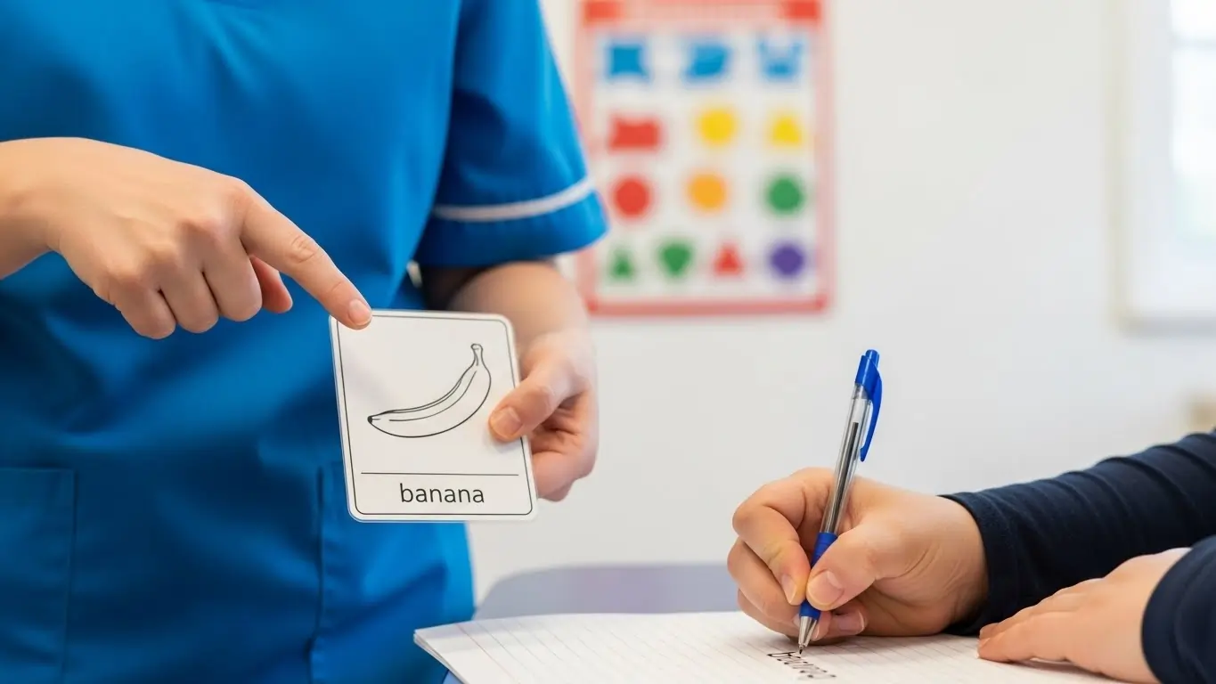 Hands of a participant practising communication with support worker using visual learning cards.
