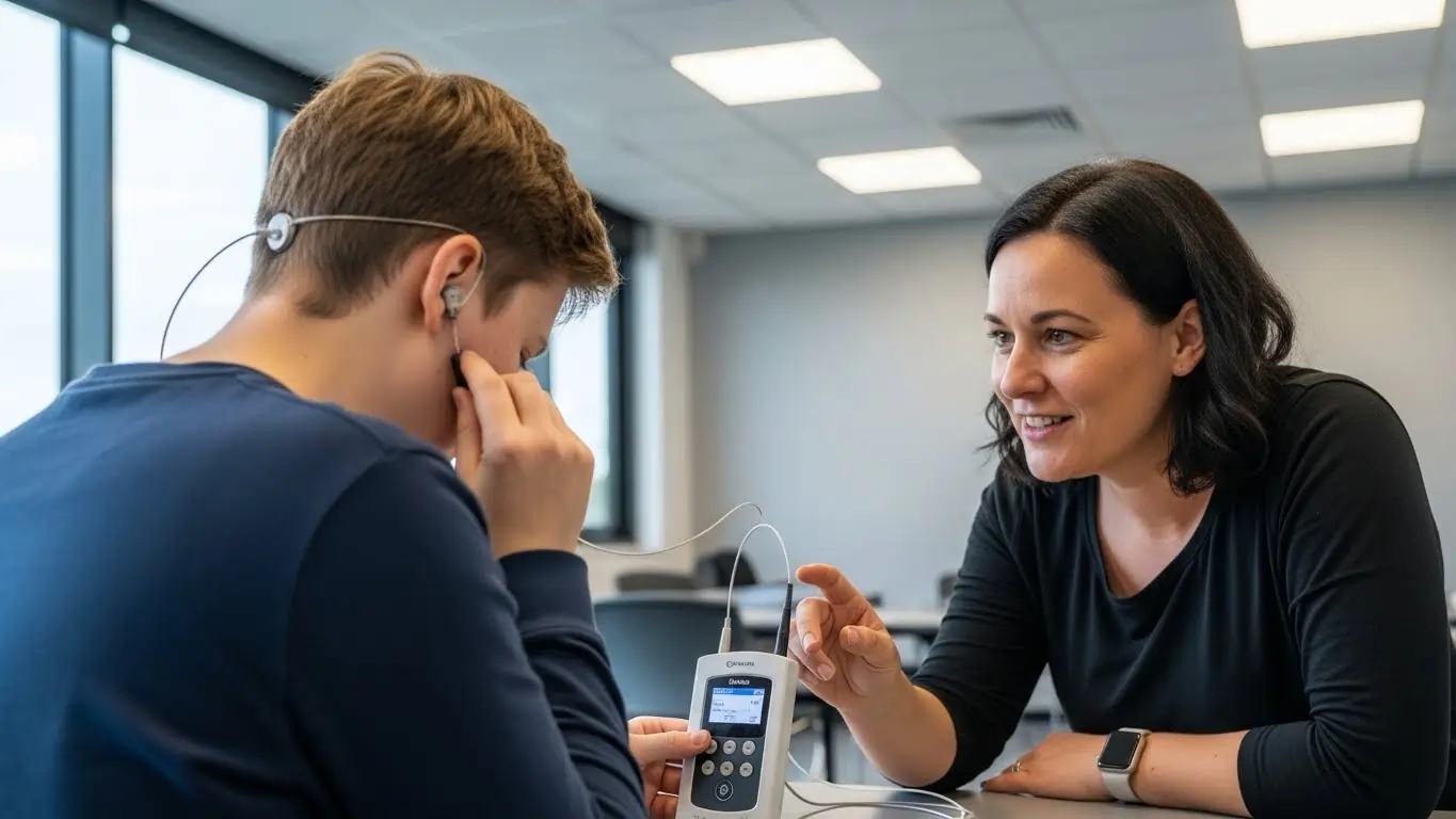 Participant using hearing loop device guided by support worker under NDIS sensory disability support.