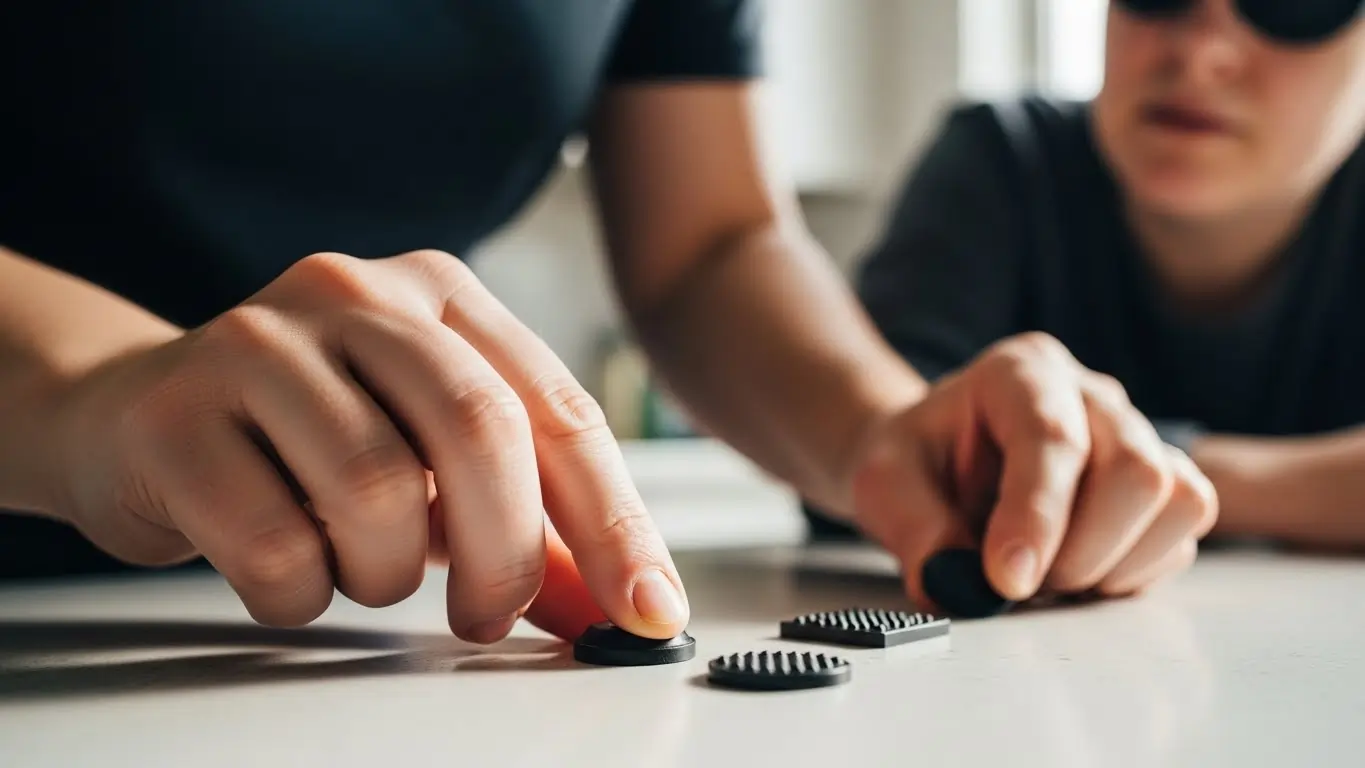 Support worker installing tactile markers for home accessibility adjustments in sensory disability support.