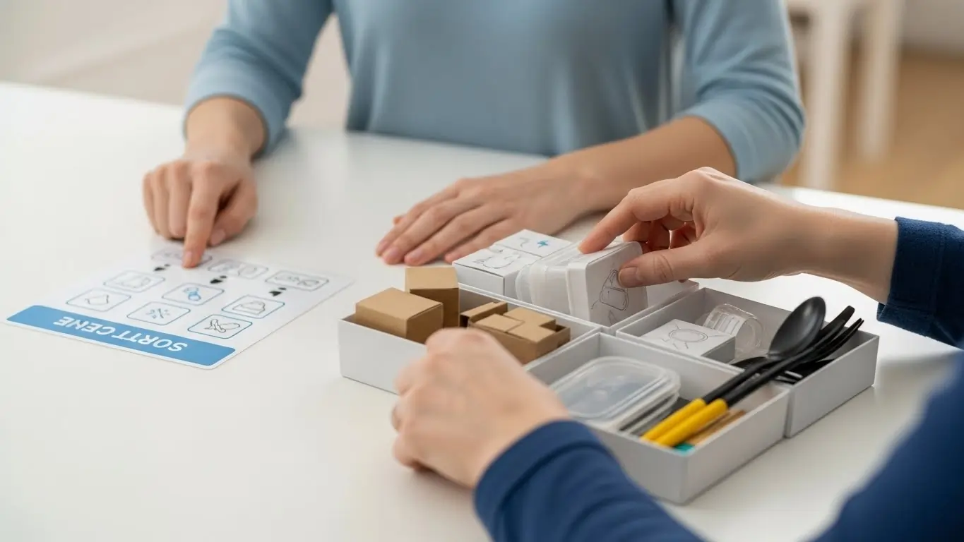 Participant with Down syndrome practising daily living skills with guidance from an NDIS support worker.