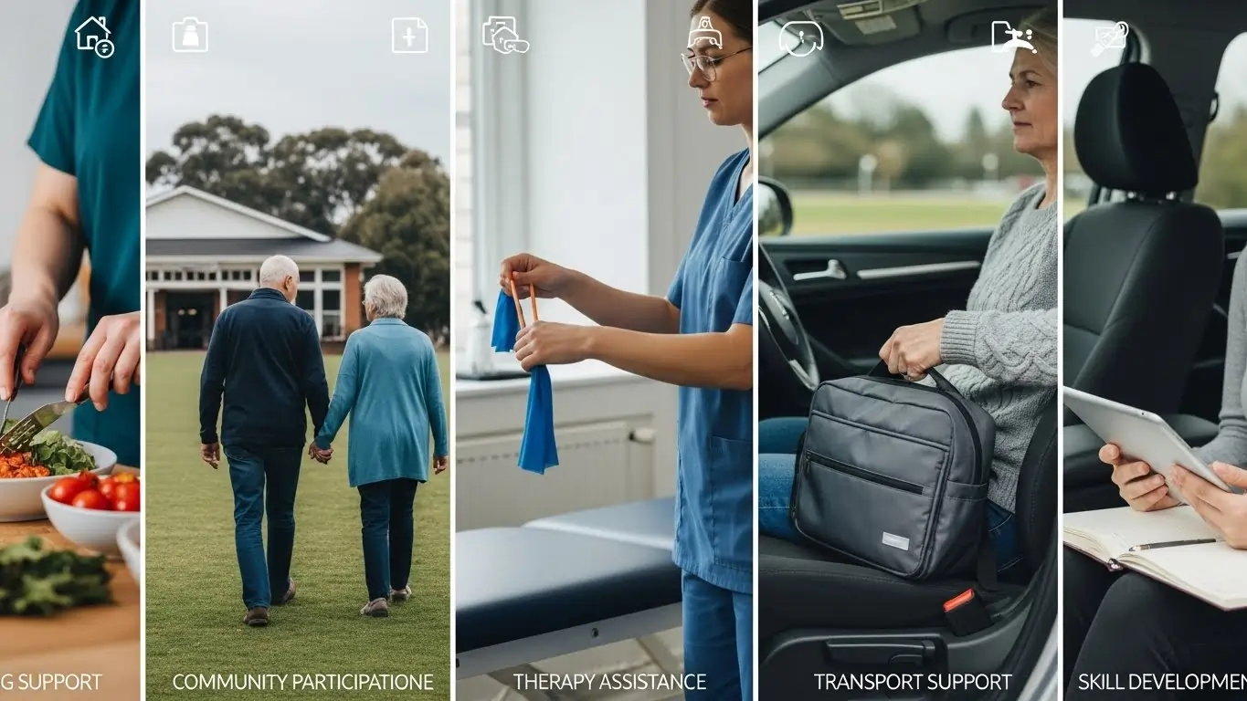 Collage of NDIS daily living, community, therapy, travel, and skill development services in Hoppers Crossing