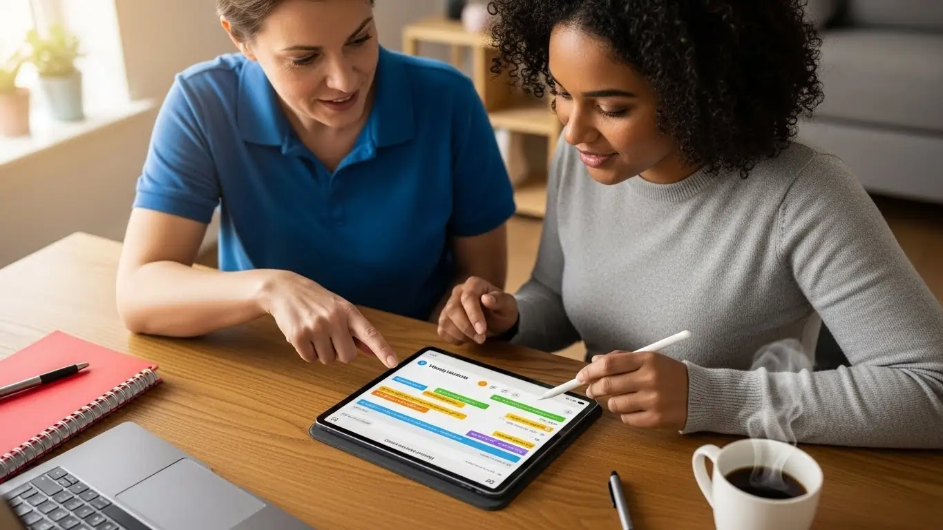 Support worker assisting participant with weekly routine planning under NDIS. Support worker assisting participant with weekly routine planning under NDIS.