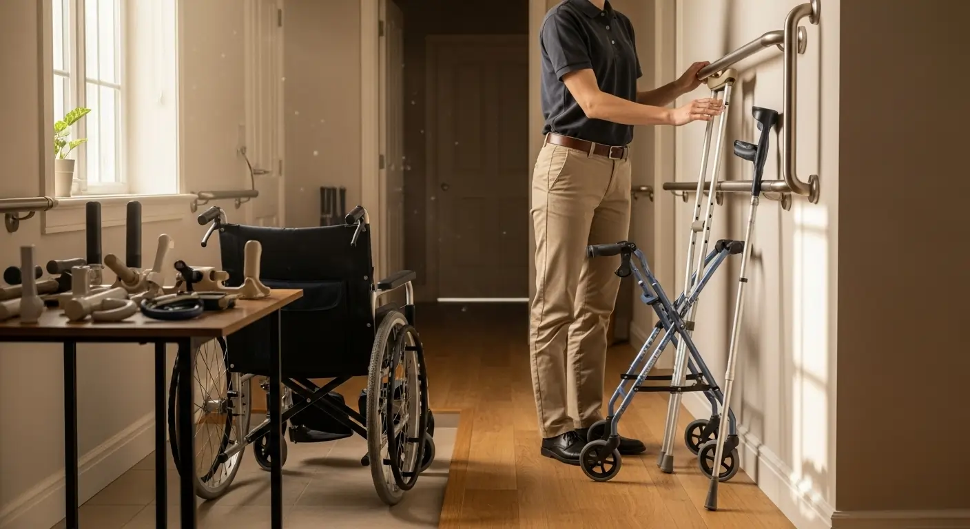 NDIS support worker arranging adaptive mobility equipment in accessible home for spinal cord injury participant.