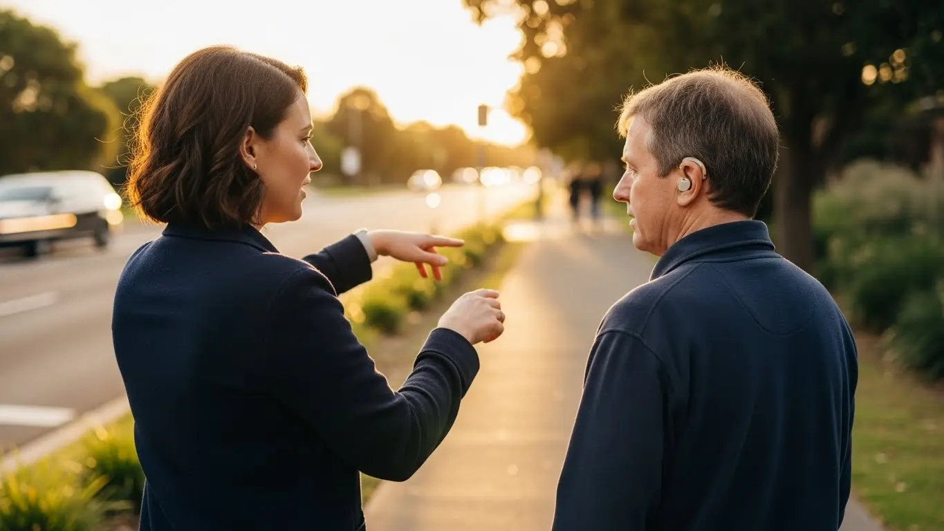Support worker training participant with hearing aids on outdoor mobility and safety under NDIS sensory disability support.