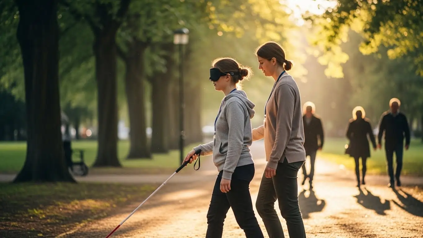Support worker guiding participant with vision impairment during outdoor mobility training for sensory disability support.