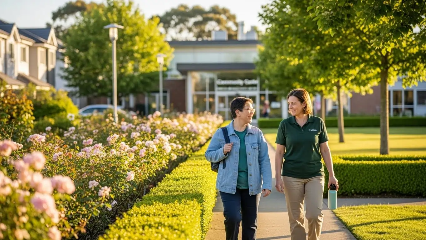 Participant and support worker walking together to community centre for psychosocial support. Participant and support worker walking together to community centre for psychosocial support.