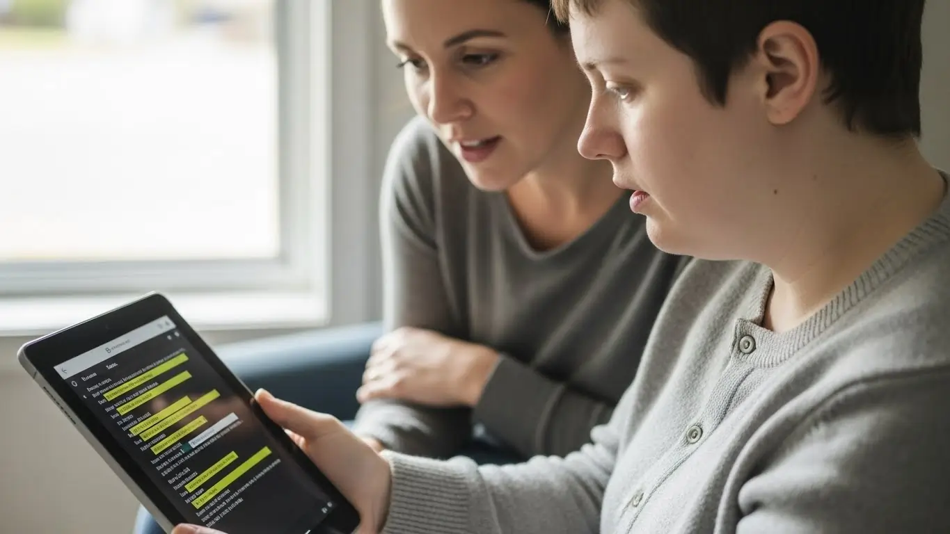 Support worker guiding a person with vision impairment through a tactile-labelled living area under the NDIS Sensory Disability Support program