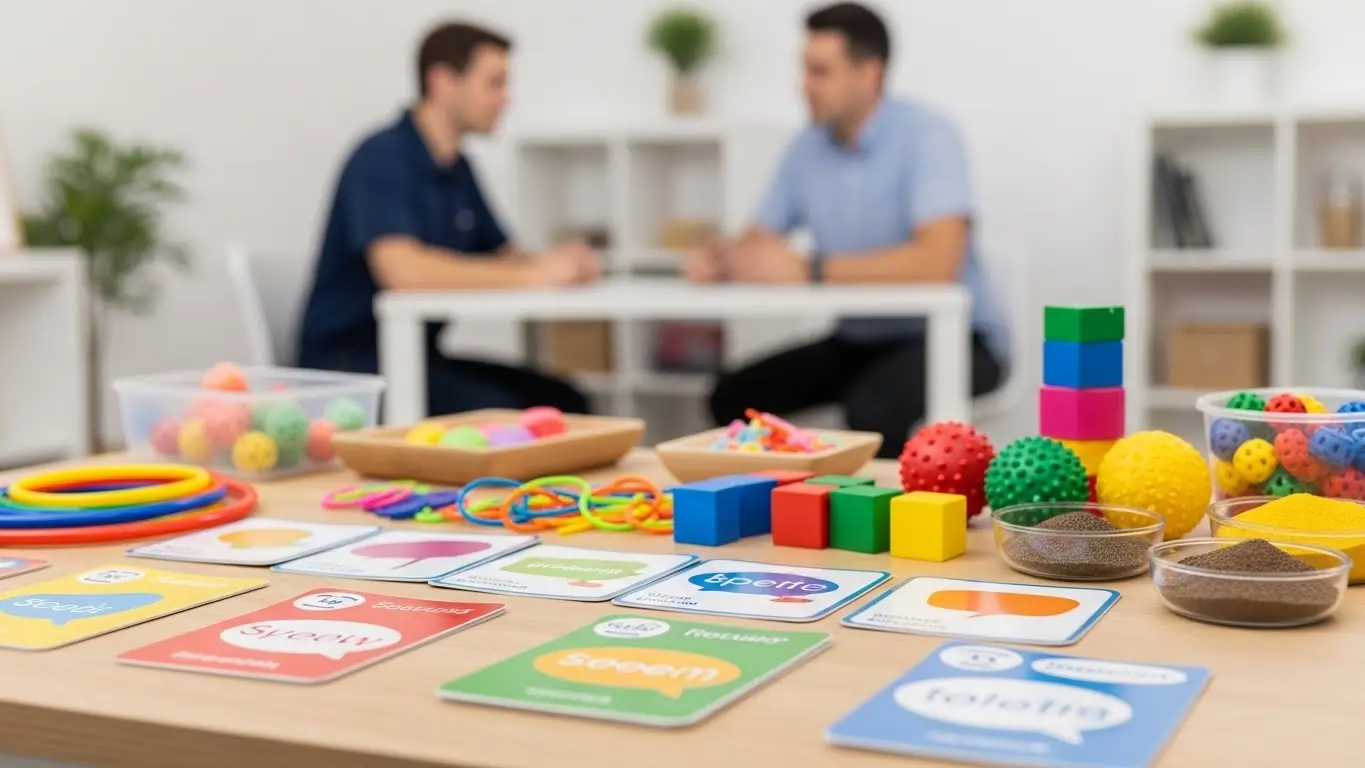 Speech and occupational therapists collaborating with NDIS support staff on Global Developmental Delay intervention tools. Speech and occupational therapists collaborating with NDIS support staff on Global Developmental Delay intervention tools.