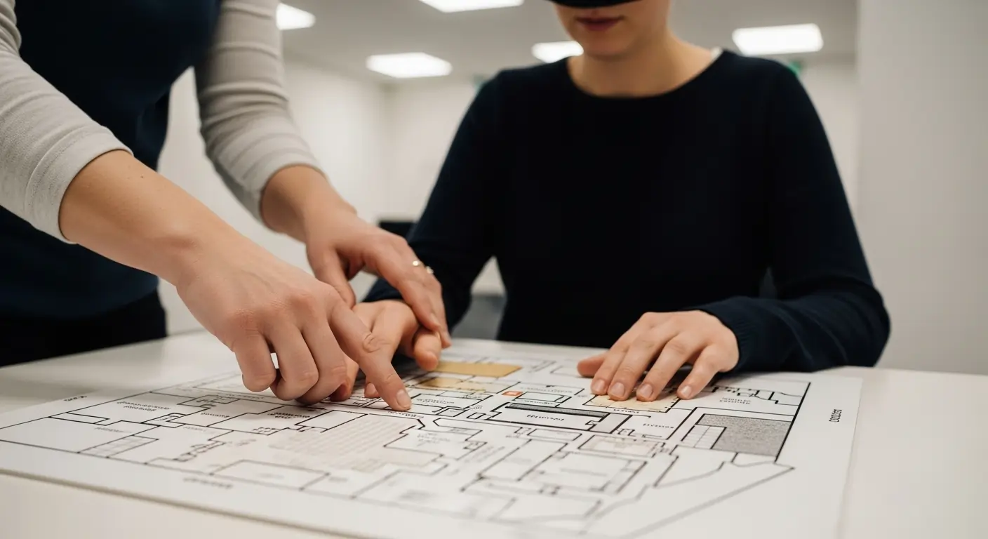 NDIS support worker providing tactile navigation training for vision impairment