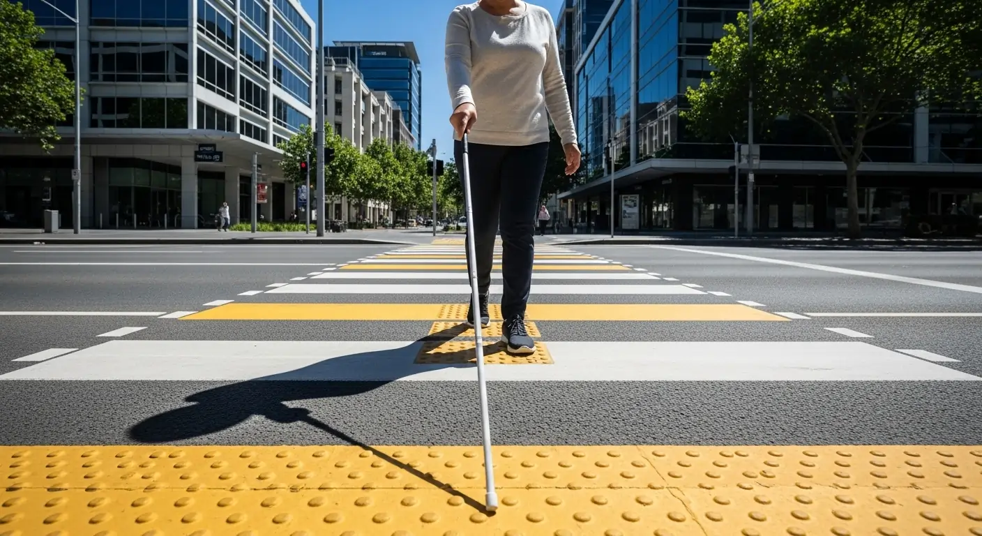 Person with vision impairment using white cane and tactile indicators for safe mobility training