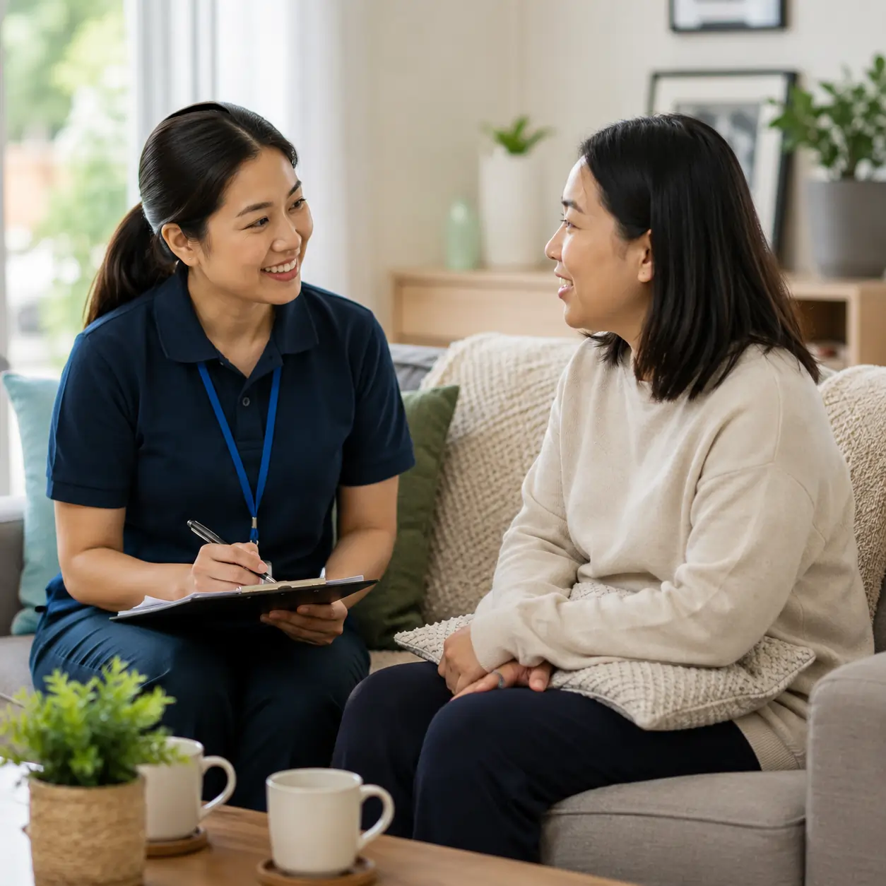 Cantonese speaking disability support worker discussing care needs with an NDIS participant at home