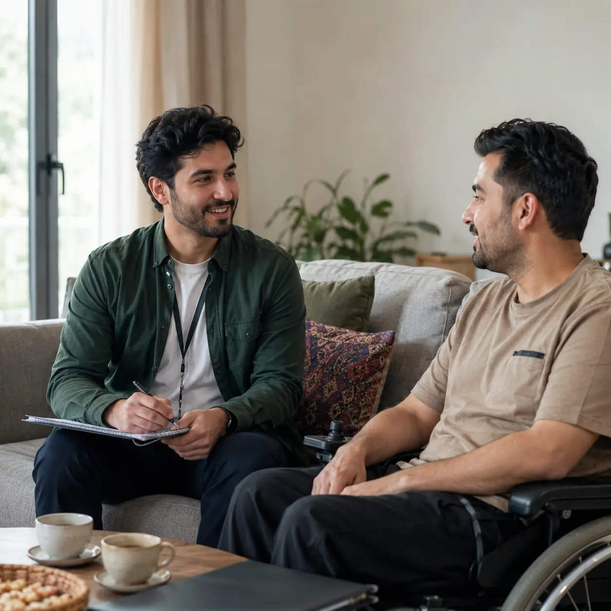 Dari speaking disability support worker discussing care needs with an NDIS participant at home Dari speaking disability support worker supporting an NDIS participant at home