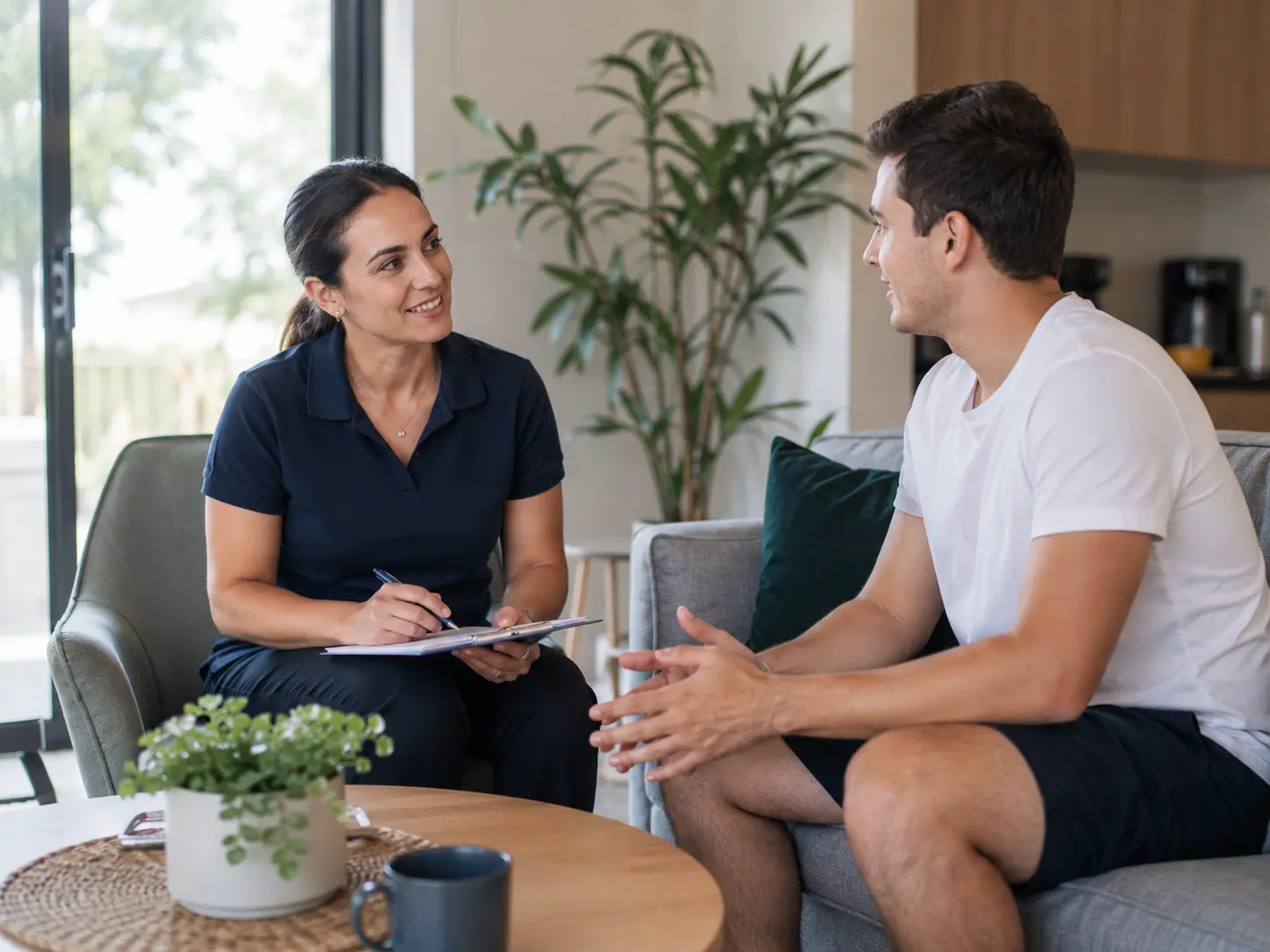 Greek speaking disability support worker discussing support routines with an NDIS participant at home