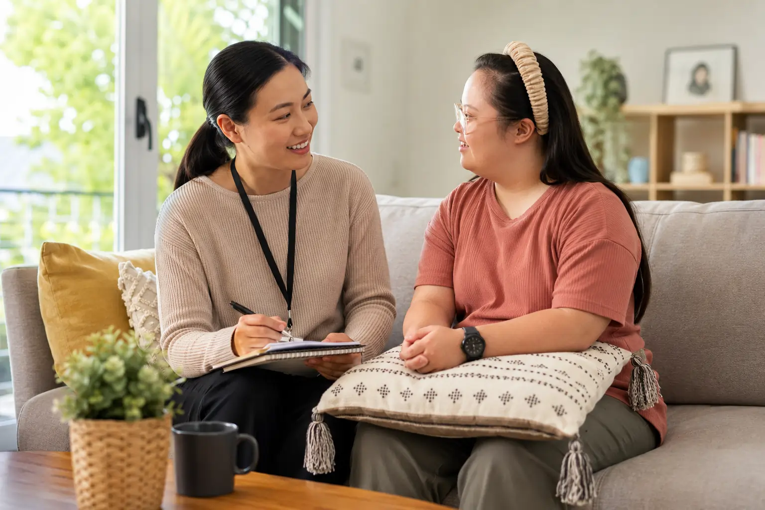 Mandarin speaking disability support worker discussing care needs with an NDIS participant at home Mandarin speaking disability support worker supporting an NDIS participant at home