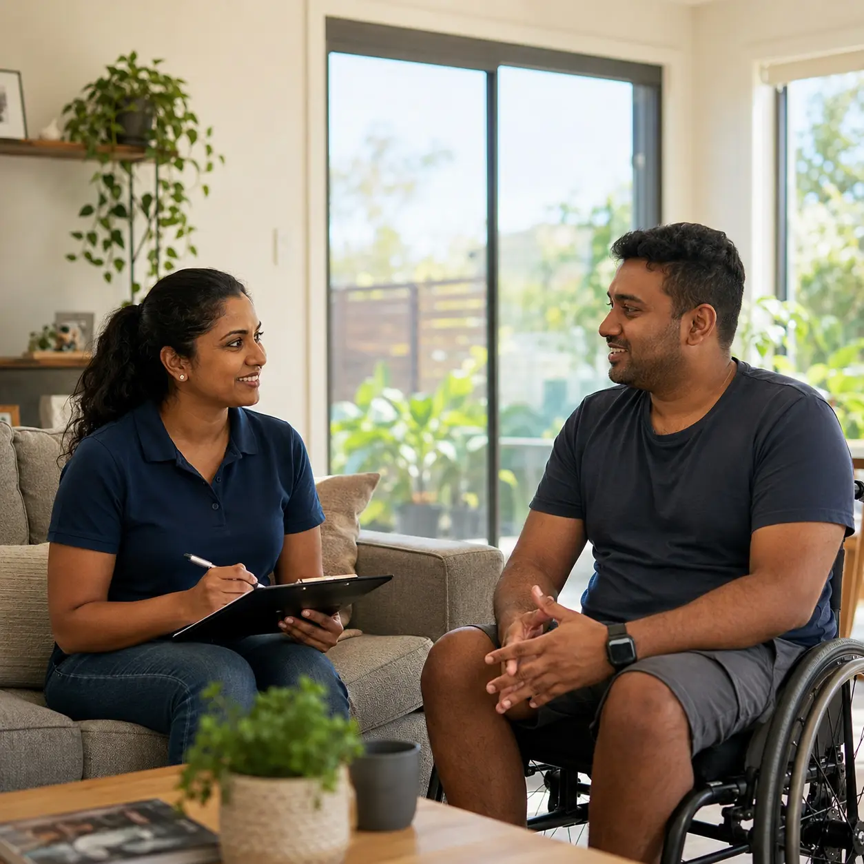 Sinhala speaking disability support worker supporting an NDIS participant at home Sinhala speaking disability support worker discussing support routines with an NDIS participant at home