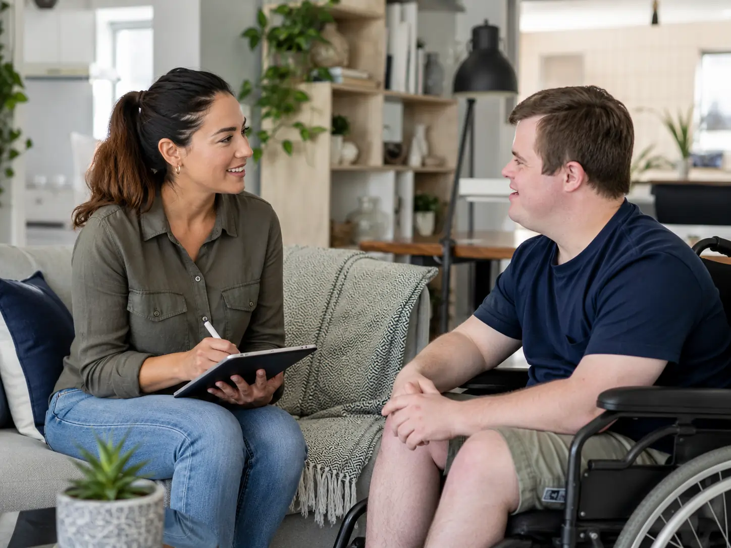 Spanish speaking disability support worker discussing care needs with an NDIS participant at home