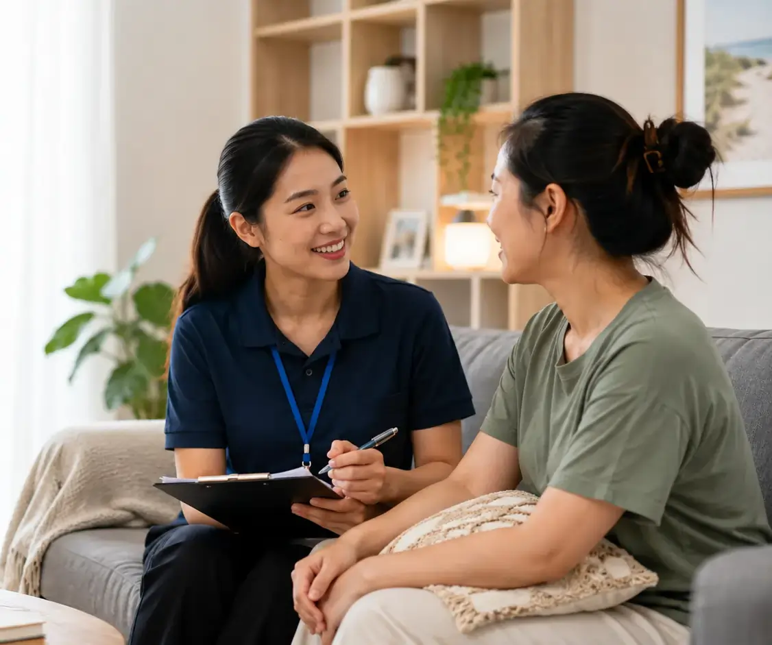 Vietnamese speaking disability support worker discussing care needs with an NDIS participant at home