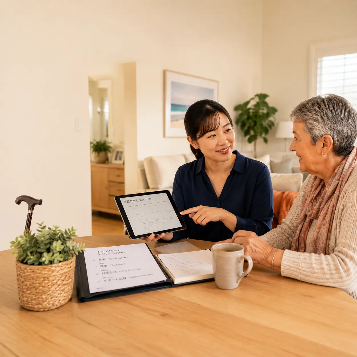 Japanese speaking disability support worker discussing care needs with an NDIS participant at home
