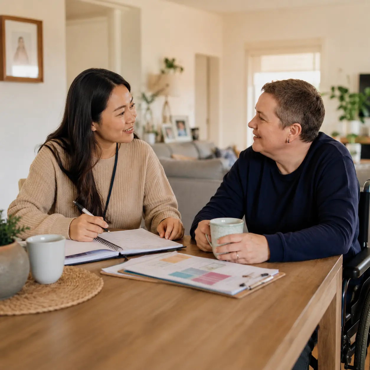 Korean speaking disability support worker discussing support routines with an NDIS participant at home Korean speaking disability support worker discussing support routines with an NDIS participant at home